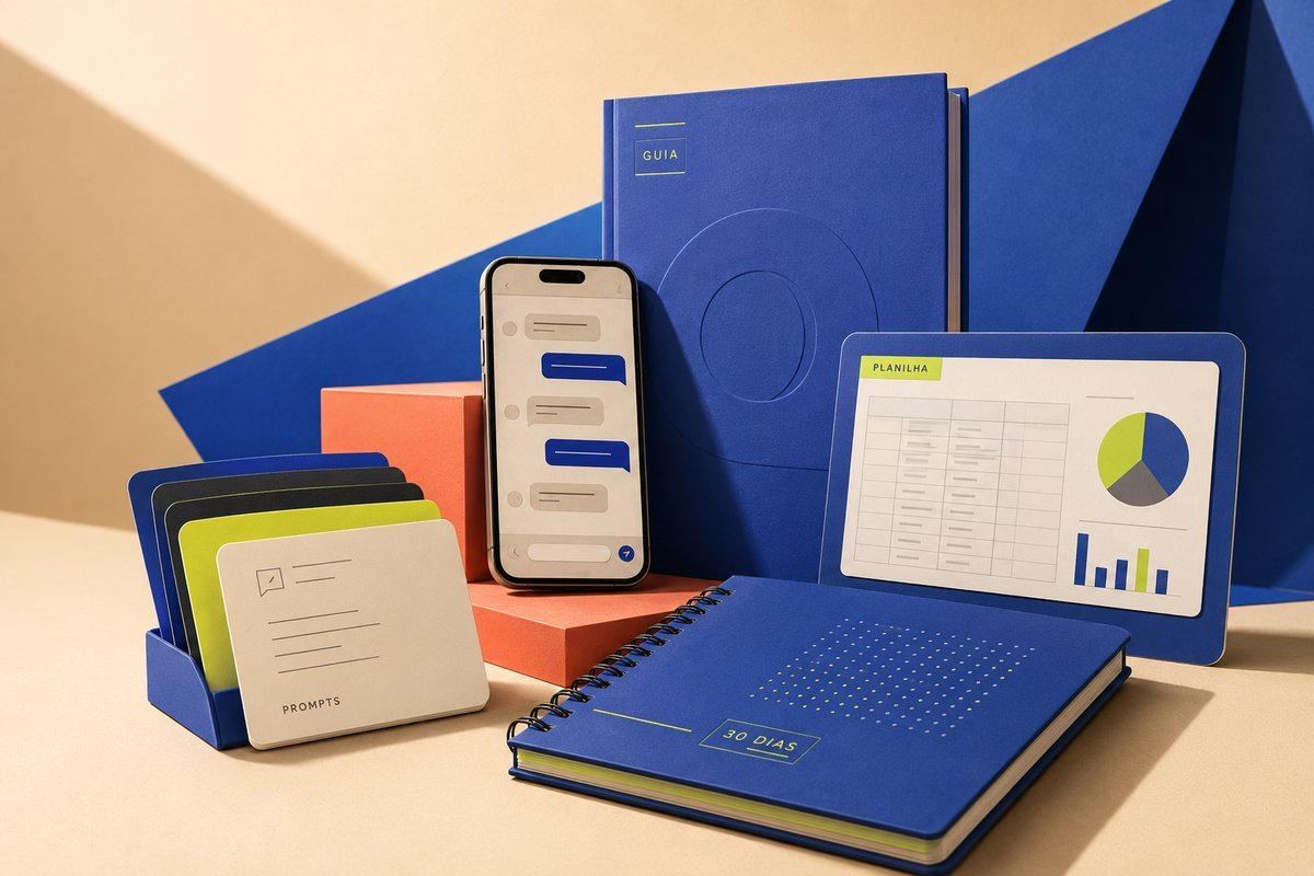 Composição criativa do Kit Primeiro Cliente com guia, celular, checklist, planilha e plano de 30 dias